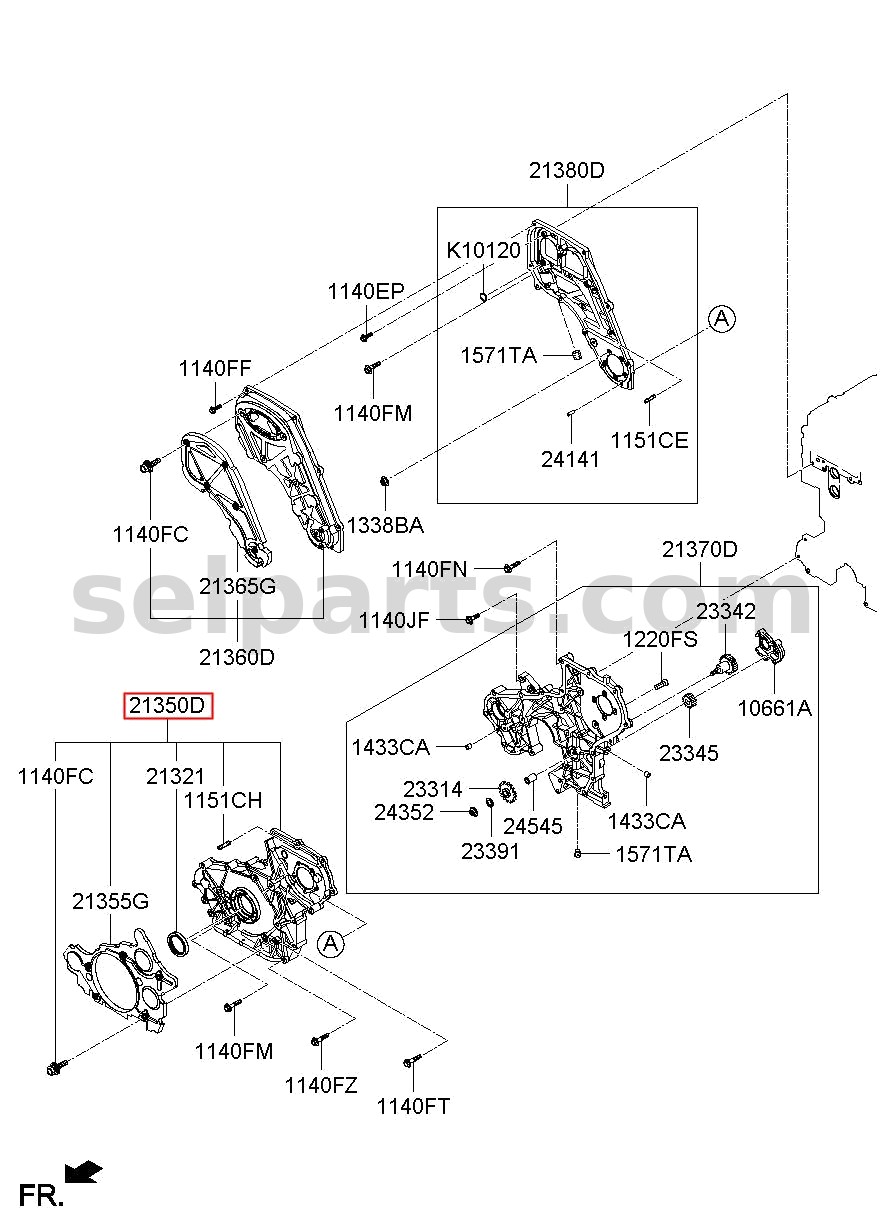 Genuine COVER ASSY-TIMING CHAIN LWR FRT for Hyundai Grand Starex #213504A010